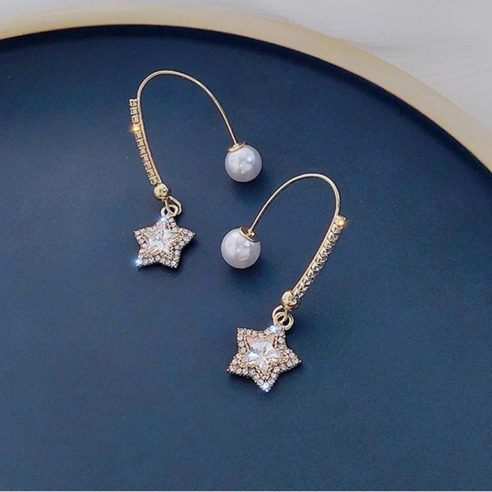 Star Crystal Pearl Drop Stud Earrings